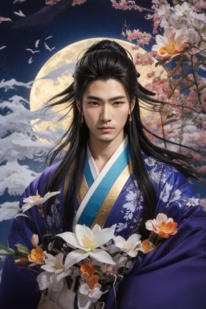 God Tsukuyomi, ((a man:2.0)), ((god of the moon)), beautiful man, with a serene face, Japanese anime-type features, (straight black Japanese-type hair), (black hair), white skin, fine features, black eyes with round pupils, ((Front posture looking at the camera)), (((long hair, black hair, straight hair, japanese hair))). ((Traditional costume of the Japanese god Tsukuyomi)), colorful, white, blue, silver, violet, gold. In the background, a ((mythical Japanese setting)), (((cherry trees, bamboo, a mythical and traditional Japanese forest))), ((a Japanese temple of the god Tsukuyomi)), ((in the night sky a full moon:2.0)), white and bright, with white and blue neon lights. Bamboo in some areas of the image, (((a mythical Japanese setting:2.0))), full color. With a lot of detail. realistic, stunning realistic photograph, gentle sunlight, stunning realistic photograph, 3d render, octane render, intricately detailed, cinematic, trending on artstation, Isometric, Centered hyper ealistic cover photo, awesome full color, hand drawn, dark, gritty, mucha, klimt , erte 128k, high definition, cinematic, neoprene, be chance contest winner, portrait featured on unsplash, stylized digital art, smooth, ultra high definition ,The most modern camera today fujifilm gfx 100s, 84k, unreal engine 5, ultra sharp focus, intricate artwork masterpiece, ominous, epic, TanvirTamim, trending on artstation, by artgerm, giger and beksinski, highly detailed, vibrant.