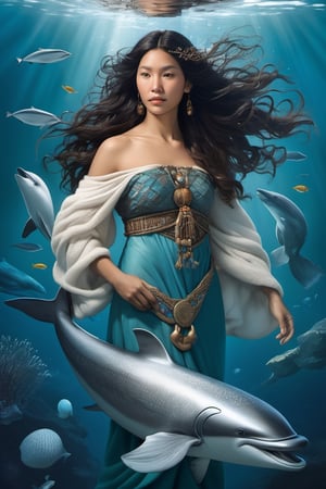 Detailed and realistic depiction of the Goddess Sedna, an Inuit traditional clothes, a central figure in Inuit mythology, reflecting her role as the goddess of the sea and marine life. The image is to show Sedna at the bottom of the ocean, surrounded by sea creatures such as whales, seals and fish, symbolizing her control over marine resources. Sedna must be represented as an Inuit woman, with authentic features and traditional clothing adorned with fur and Inuit details. Her hair should blend into the surrounding waters, and her hands should hold a sea comb, symbolizing her ability to control marine life. The seabed should be picturesque, with cold tones that reflect the arctic environment. Lighting should highlight the beauty and mystery of the deep ocean. The color palette should include shades of blue, green and white to convey the feeling of being underwater. The image must be high resolution and have a realistic style that honors the rich Inuit mythology and their relationship with the sea. 