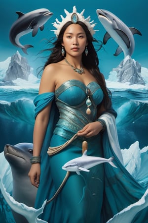 Detailed and realistic portrait of the Goddess Sedna, an Inuit traditional clothes, a central figure in Inuit mythology, looking in front of the camera, reflecting her role as the goddess of the sea and marine life. The image is to show Sedna at the bottom of the ocean, surrounded by sea creatures such as whales, seals and fish, symbolizing her control over marine resources. Sedna must be represented as an Inuit woman, with authentic features and traditional clothing adorned with fur and Inuit details. Her hair should blend into the surrounding waters, and her hands should hold a sea comb, symbolizing her ability to control marine life. The seabed should be picturesque, with cold tones that reflect the arctic environment. Lighting should highlight the beauty and mystery of the deep ocean. The color palette should include shades of blue, green and white to convey the feeling of being underwater. The image must be high resolution and have a realistic style that honors the rich Inuit mythology and their relationship with the sea. 