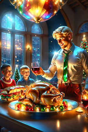 On Christmas Day, a handsome blond boy with his family and a count handing out Christmas food, ham bread, hallacas, wine and roast pork to his entire family in a party room. (Realistic reflection), Hologram, (Masterpiece, highest quality), (Detailed eyes), (Shading), (Highly detailed CG 8k Unity wallpaper), (Studio indirect use lighting), (Amazing drawing) (Illustration), (Artwork), (Magical Light), (Shading), (Highly Detailed), (CG 8k Unity Wallpaper), (Nice Newly Drawn Illustration), (Best Illustration Performance), Iridescent Glitter, realistic and super detailed, shiny mosaic elements, super realistic and ultra detailed, pieces of beauty and complexity, glass, focus on food, bright but realistic colors, reflecting joy and the spirit of Christmas. r3al photo, photorealism.