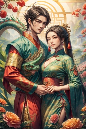 masterpiece, beautiful lighting, best quality, beautiful lighting, perfect focus, 2 dragon, 1 couple, holding a traditional Chinese dragon, artic focus, perfect faces, portrait of a Chinese xianxia style meat pie couple, it's from China, they are handsome, they have a tender and pleasant smile. They are mature, they are about 30 years old, they are beautiful, they are elegant, they are a prince, they wear royal clothes in pastel and gold tones, they have Asian brown eyes, they wear a hanfu with dragon decorations, traditional clothes in red and gold tones, they wear jewelry China, the man is masculine, has long hair, the woman is feminine and has a traditional Chinese hairstyle. holds a Chinese fan, a Chinese lamp, has a fan, the man has Chinese dragon tattoos, is immortal, xianxia man hairstyle, wears xianxia makeup and has Wei Jin man style, beautiful Chinese background with flowers and plants, He is with a Chinese dragon, a cute dragon is on his shoulder, dragon background, HD, 8K, photorealism, hyper detailed, hyper realism.