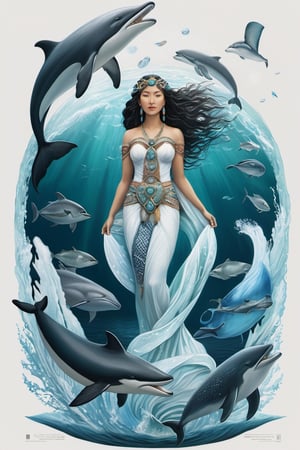 Detailed and realistic depiction of the Goddess Sedna, an Inuit clothes, a central figure in Inuit mythology, reflecting her role as the goddess of the sea and marine life. The image is to show Sedna at the bottom of the ocean, surrounded by sea creatures such as whales, seals and fish, symbolizing her control over marine resources. Sedna must be represented as an Inuit woman, with authentic features and traditional clothing adorned with fur and Inuit details. Her hair should blend into the surrounding waters, and her hands should hold a sea comb, symbolizing her ability to control marine life. The seabed should be picturesque, with cold tones that reflect the arctic environment. Lighting should highlight the beauty and mystery of the deep ocean. The color palette should include shades of blue, green and white to convey the feeling of being underwater. The image must be high resolution and have a realistic style that honors the rich Inuit mythology and their relationship with the sea. 