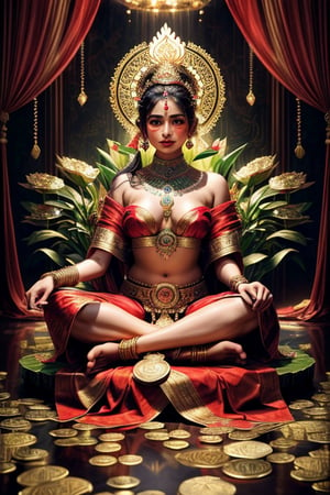 Waist high Portrait of a indian goddes Lakshmi, the embodiment of prosperity, serenely seated on a giant lotus, draped in a radiant red saree. The scene beautifully emphasizes her graceful facial expression, with her eyes wide open, detailed symmetric hazel eyes with circular iris, exuding compassion and divine wisdom. The image meticulously captures the delicate folds of her full saree and the serene ambiance around her. An array of golden coins adorns the scene, symbolizing her bestowal of wealth upon her devotees. surrounded by a shower of golden coins and banknotes. Four arms with a lotus in hands. She is sitting on a giant lotus flower with cross-folded legs- realistic, stunning realistic photograph, 3d render, octane render, intricately detailed, cinematic, trending on artstation, Isometric, Centered hipereallistic cover photo, awesome full color, hand drawn, dark, gritty, mucha, klimt, erte 12k, high definition, cinematic, neoprene, behance contest winner, portrait featured