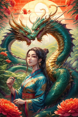 masterpiece, beautiful lighting, best quality, beautiful lighting, perfect focus, 2 dragon, 1 couple, holding a traditional Chinese dragon, artic focus, perfect faces, portrait of a Chinese xianxia style meat pie couple, it's from China, they are handsome, they have a tender and pleasant smile. They are mature, they are about 30 years old, they are beautiful, they are elegant, they are a prince, they wear royal clothes in pastel and gold tones, they have Asian brown eyes, they wear a hanfu with dragon decorations, traditional clothes in red and gold tones, they wear jewelry China, the man is masculine, has long hair, the woman is feminine and has a traditional Chinese hairstyle. holds a Chinese fan, a Chinese lamp, has a fan, the man has Chinese dragon tattoos, is immortal, xianxia man hairstyle, wears xianxia makeup and has Wei Jin man style, beautiful Chinese background with flowers and plants, with a dragon dominating the scene from the background, behind the couple, he is with a Chinese dragon, a cute dragon is on his shoulder, dragon background, HD, 8K, photorealism, hyper detailed, hyper realism.
