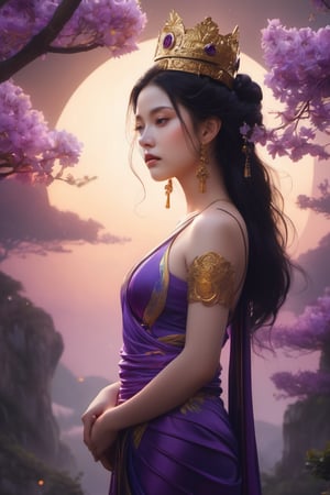 Waist high Portrait of an exotic beautiful of Goddess Kwain Yin, beautiful, in full color, hyperdetailed, hyperrealistic, 4K, in the background a bright light that indicates divinity, with a crown that has a Buddha as a diadem. Her arms hold auspicious objects, such as a lotus flower, willow branch, or rosary. In the background a huge tree and purple and lilac clouds realistic, stunning realistic photograph, gentle sunlight, stunning realistic photograph, 3d render, octane render, intricately detailed, cinematic, trending on artstation , Isometric, Centered hyper ealistic cover photo, photographed from the front, awesome full color, hand drawn, dark, gritty, mucha, klimt , erte 128k, high definition, cinematic, neoprene, be chance contest winner, portrait featured on unsplash, stylized digital art, smooth, ultra high definition ,The most modern camera today fujifilm gfx 100s, 84k, unreal engine 5, ultra sharp focus, intricate artwork masterpiece, ominous, epic, TanvirTamim, trending on artstation, by artgerm, giger and beksinski, highly detailed, vibrant