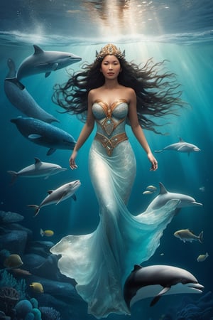 Detailed and realistic depiction of the Goddess Sedna, an Inuit clothes, a central figure in Inuit mythology, reflecting her role as the goddess of the sea and marine life. The image is to show Sedna at the bottom of the ocean, surrounded by sea creatures such as whales, seals and fish, symbolizing her control over marine resources. Sedna must be represented as an Inuit woman, with authentic features and traditional clothing adorned with fur and Inuit details. Her hair should blend into the surrounding waters, and her hands should hold a sea comb, symbolizing her ability to control marine life. The seabed should be picturesque, with cold tones that reflect the arctic environment. Lighting should highlight the beauty and mystery of the deep ocean. The color palette should include shades of blue, green and white to convey the feeling of being underwater. The image must be high resolution and have a realistic style that honors the rich Inuit mythology and their relationship with the sea. 