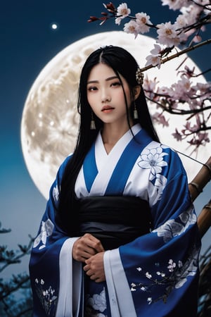God Tsukuyomi, (((a man:2.0))), ((god of the moon)), beautiful man, with a serene face, Japanese anime-type features, (straight black Japanese-type hair), (black hair), white skin, fine features, black eyes with round pupils, ((Front posture looking at the camera)), (((long hair, black hair, straight hair, japanese hair))). ((Traditional costume of the Japanese god Tsukuyomi)), colorful, white, blue, silver, violet, gold. In the background, a ((mythical Japanese setting)), (((cherry trees, bamboo, a mythical and traditional Japanese forest))), ((a Japanese temple of the god Tsukuyomi)), ((in the night sky a full moon:2.0)), white and bright, with white and blue neon lights. Bamboo in some areas of the image, (((a mythical Japanese setting:2.0))), full color. With a lot of detail. realistic, stunning realistic photograph, gentle sunlight, stunning realistic photograph, 3d render, octane render, intricately detailed, cinematic, trending on artstation, Isometric, Centered hyper ealistic cover photo, awesome full color, hand drawn, dark, gritty, mucha, klimt , erte 128k, high definition, cinematic, neoprene, be chance contest winner, portrait featured on unsplash, stylized digital art, smooth, ultra high definition ,The most modern camera today fujifilm gfx 100s, 84k, unreal engine 5, ultra sharp focus, intricate artwork masterpiece, ominous, epic, TanvirTamim, trending on artstation, by artgerm, giger and beksinski, highly detailed, vibrant.