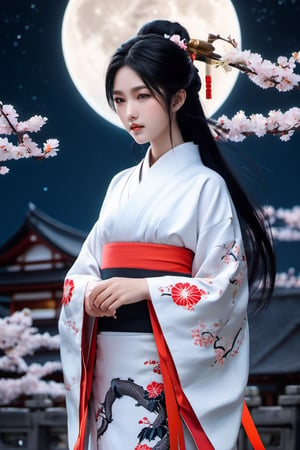 God Tsukuyomi, ((a man:2.0)), ((god of the moon)), beautiful man, with a serene face, Japanese anime-type features, (straight black Japanese-type hair), (black hair), white skin, fine features, black eyes with round pupils. ((Traditional costume of the Japanese god Tsukuyomi)), colorful, white, blue, silver, violet, gold. In the background, a ((mythical Japanese setting)), a ((Japanese temple of the god Tsukuyomi)), ((in the night sky a full moon:2.0)), white and bright, with white and blue neon lights. Bamboo in some areas of the image, (((a mythical Japanese setting:2.0))), full color. With a lot of detail. realistic, stunning realistic photograph, gentle sunlight, stunning realistic photograph, 3d render, octane render, intricately detailed, cinematic, trending on artstation, Isometric, Centered hyper ealistic cover photo, awesome full color, hand drawn, dark, gritty, mucha, klimt , erte 128k, high definition, cinematic, neoprene, be chance contest winner, portrait featured on unsplash, stylized digital art, smooth, ultra high definition ,The most modern camera today fujifilm gfx 100s, 84k, unreal engine 5, ultra sharp focus, intricate artwork masterpiece, ominous, epic, TanvirTamim, trending on artstation, by artgerm, giger and beksinski, highly detailed, vibrant.