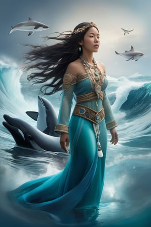 Detailed and realistic portrait of the Goddess Sedna, an Inuit traditional clothes, a central figure in Inuit mythology, looking in front of the camera, reflecting her role as the goddess of the sea and marine life. The image is to show Sedna at the bottom of the ocean, surrounded by sea creatures such as whales, seals and fish, symbolizing her control over marine resources. Sedna must be represented as an Inuit woman, with authentic features and traditional clothing adorned with fur and Inuit details. Her hair should blend into the surrounding waters, and her hands should hold a sea comb, symbolizing her ability to control marine life. The seabed should be picturesque, with cold tones that reflect the arctic environment. Lighting should highlight the beauty and mystery of the deep ocean. The color palette should include shades of blue, green and white to convey the feeling of being underwater. The image must be high resolution and have a realistic style that honors the rich Inuit mythology and their relationship with the sea. 