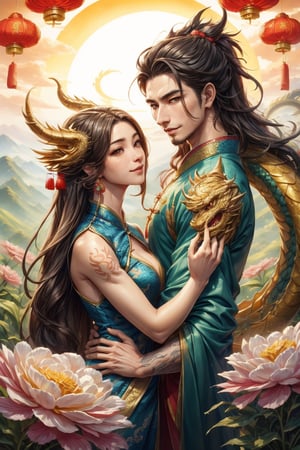 masterpiece, beautiful lighting, best quality, beautiful lighting, perfect focus, 2 dragon, 1 couple, holding a traditional Chinese dragon, artic focus, perfect faces, portrait of a Chinese xianxia style meat pie couple, it's from China, they are handsome, they have a tender and pleasant smile. They are mature, they are about 30 years old, they are beautiful, they are elegant, they are a prince, they wear royal clothes in pastel and gold tones, they have Asian brown eyes, they wear a hanfu with dragon decorations, traditional clothes in red and gold tones, they wear jewelry China, the man is masculine, has long hair, the woman is feminine and has a traditional Chinese hairstyle. holds a Chinese fan, a Chinese lamp, has a fan, the man has Chinese dragon tattoos, is immortal, xianxia man hairstyle, wears xianxia makeup and has Wei Jin man style, beautiful Chinese background with flowers and plants, with a dragon dominating the scene, he is with a Chinese dragon, a cute dragon is on his shoulder, dragon background, HD, 8K, photorealism, hyper detailed, hyper realism.