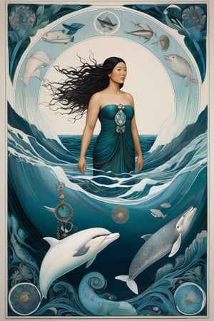 Detailed and realistic depiction of the Goddess Sedna, an Inuit traditional clothes, a central figure in Inuit mythology, reflecting her role as the goddess of the sea and marine life. The image is to show Sedna at the bottom of the ocean, surrounded by sea creatures such as whales, seals and fish, symbolizing her control over marine resources. Sedna must be represented as an Inuit woman, with authentic features and traditional clothing adorned with fur and Inuit details. Her hair should blend into the surrounding waters, and her hands should hold a sea comb, symbolizing her ability to control marine life. The seabed should be picturesque, with cold tones that reflect the arctic environment. Lighting should highlight the beauty and mystery of the deep ocean. The color palette should include shades of blue, green and white to convey the feeling of being underwater. The image must be high resolution and have a realistic style that honors the rich Inuit mythology and their relationship with the sea. 