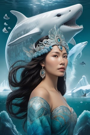 Detailed and realistic portrait of the Goddess Sedna, an Inuit traditional clothes, a central figure in Inuit mythology, looking in front of the camera, reflecting her role as the goddess of the sea and marine life. The image is to show Sedna at the bottom of the ocean, surrounded by sea creatures such as whales, seals and fish, symbolizing her control over marine resources. Sedna must be represented as an Inuit woman, with authentic features and traditional clothing adorned with fur and Inuit details. Her hair should blend into the surrounding waters, and her hands should hold a sea comb, symbolizing her ability to control marine life. The seabed should be picturesque, with cold tones that reflect the arctic environment. Lighting should highlight the beauty and mystery of the deep ocean. The color palette should include shades of blue, green and white to convey the feeling of being underwater. The image must be high resolution and have a realistic style that honors the rich Inuit mythology and their relationship with the sea. 