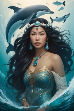 Detailed and realistic portrait of the Goddess Sedna, an Inuit traditional clothes, a central figure in Inuit mythology, looking in front of the camera, reflecting her role as the goddess of the sea and marine life. The image is to show Sedna at the bottom of the ocean, surrounded by sea creatures such as whales, seals and fish, symbolizing her control over marine resources. Sedna must be represented as an Inuit woman, with authentic features and traditional clothing adorned with fur and Inuit details. Her hair should blend into the surrounding waters, and her hands should hold a sea comb, symbolizing her ability to control marine life. The seabed should be picturesque, with cold tones that reflect the arctic environment. Lighting should highlight the beauty and mystery of the deep ocean. The color palette should include shades of blue, green and white to convey the feeling of being underwater. The image must be high resolution and have a realistic style that honors the rich Inuit mythology and their relationship with the sea. 