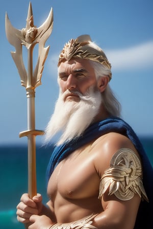 (((hyper realistic face)))(((extreme realistic skin detail))) (face with detailed shadows) (masterpiece, highest quality), (realistic, photo_realistic:1.9), ((Photoshoot)), The God Poseidon, a muscular and tanned 80-year-old man, stands holding a golden trident with one arm. His penetrating blue eyes reflect a severe and serious gaze. His long and grayish hair and long gray beard give him an imposing appearance. He wears ancient Greek clothing in blue and gold tones. The photograph captures a majestic seascape with powerful waves breaking on a rocky coast and a cloudy and stormy sky. The waves break on an ancient Greek coast, and the scene is clear and detailed. A Nikon D850 camera with a telephoto lens (200 mm) was used to bring Poseidon closer and highlight his imposing figure and the golden trident. Dramatic lateral lighting creates strong contrasts, highlighting the details and creating an epic and mysterious ambiance. sharp focus, 8k, UHD, high quality, frowning, intricate detailed, highly detailed, hyper-realistic