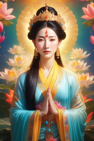 portrait of the goddess Kwan Yin, in full color, hyperdetailed, hyperrealistic, 4K, in the background a bright light that indicates divinity