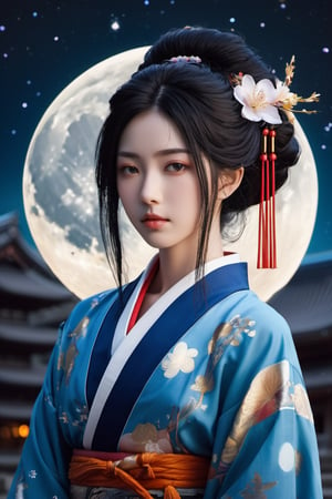 God Tsukuyomi, (a man:2.0), ((god of the moon)), beautiful man, with a serene face, Japanese anime-type features, (straight black Japanese-type hair), (black hair), white skin, fine features, black eyes with round pupils. ((Traditional costume of the Japanese god Tsukuyomi)), colorful, white, blue, silver, violet, gold. In the background, a ((mythical Japanese setting)), a ((Japanese temple of the god Tsukuyomi)), ((in the night sky a full moon:2.0)), white and bright, with white and blue neon lights. Bamboo in some areas of the image, (((a mythical Japanese setting:2.0))), full color. With a lot of detail. realistic, stunning realistic photograph, gentle sunlight, stunning realistic photograph, 3d render, octane render, intricately detailed, cinematic, trending on artstation, Isometric, Centered hyper ealistic cover photo, awesome full color, hand drawn, dark, gritty, mucha, klimt , erte 128k, high definition, cinematic, neoprene, be chance contest winner, portrait featured on unsplash, stylized digital art, smooth, ultra high definition ,The most modern camera today fujifilm gfx 100s, 84k, unreal engine 5, ultra sharp focus, intricate artwork masterpiece, ominous, epic, TanvirTamim, trending on artstation, by artgerm, giger and beksinski, highly detailed, vibrant.