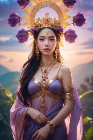 Waist high Portrait of an exotic beautiful of Goddess Kwain Yin, beautiful, in full color, hyperdetailed, hyperrealistic, 4K, in the background a bright light that indicates divinity, with a crown that has a Buddha as a diadem. Her arms hold auspicious objects, such as a lotus flower, willow branch, or rosary. In the background a huge tree and purple and lilac clouds realistic, stunning realistic photograph, gentle sunlight, stunning realistic photograph, 3d render, octane render, intricately detailed, cinematic, trending on artstation , Isometric, Centered hyper ealistic cover photo, photographed from the front, awesome full color, hand drawn, dark, gritty, mucha, klimt , erte 128k, high definition, cinematic, neoprene, be chance contest winner, portrait featured on unsplash, stylized digital art, smooth, ultra high definition ,The most modern camera today fujifilm gfx 100s, 84k, unreal engine 5, ultra sharp focus, intricate artwork masterpiece, ominous, epic, TanvirTamim, trending on artstation, by artgerm, giger and beksinski, highly detailed, vibrant