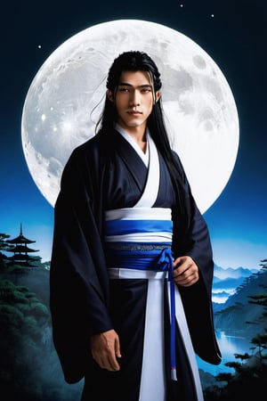 God Tsukuyomi, (a male god), (((a man:2.0))), ((god of the moon)), beautiful man, with a serene face, Japanese anime-type features, (straight black Japanese-type hair), (black hair), white skin, fine features, black eyes with round pupils, ((Front posture looking at the camera)), (((long hair, black hair, straight hair, japanese hair))). ((Traditional costume of the Japanese god Tsukuyomi)), colorful, white, blue, silver, violet, gold. In the background, a ((mythical Japanese setting)), (((cherry trees, bamboo, a mythical and traditional Japanese forest))), ((a Japanese temple of the god Tsukuyomi)), ((in the night sky a full moon:2.0)), white and bright, with white and blue neon lights. Bamboo in some areas of the image, (((a mythical Japanese setting:2.0))), full color. With a lot of detail. realistic, stunning realistic photograph, gentle sunlight, stunning realistic photograph, 3d render, octane render, intricately detailed, cinematic, trending on artstation, Isometric, Centered hyper ealistic cover photo, awesome full color, hand drawn, dark, gritty, mucha, klimt , erte 128k, high definition, cinematic, neoprene, be chance contest winner, portrait featured on unsplash, stylized digital art, smooth, ultra high definition ,The most modern camera today fujifilm gfx 100s, 84k, unreal engine 5, ultra sharp focus, intricate artwork masterpiece, ominous, epic, TanvirTamim, trending on artstation, by artgerm, giger and beksinski, highly detailed, vibrant.