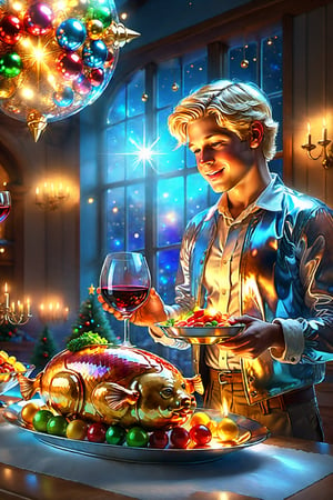On Christmas Day, a handsome blond boy with blue eyes and a count handing out Christmas food, ham bread, hallacas, wine and roast pork to his entire family in a party room. (Realistic reflection), Hologram, (Masterpiece, highest quality), (Detailed eyes), (Shading), (Highly detailed CG 8k Unity wallpaper), (Studio indirect use lighting), (Amazing drawing) (Illustration), (Artwork), (Magical Light), (Shading), (Highly Detailed), (CG 8k Unity Wallpaper), (Nice Newly Drawn Illustration), (Best Illustration Performance), Iridescent Glitter, realistic and super detailed, shiny mosaic elements, super realistic and ultra detailed, pieces of beauty and complexity, glass, focus on food, bright but realistic colors, reflecting joy and the spirit of Christmas. r3al photo, photorealism.