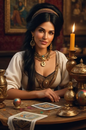 (((hyper realistic face)))(((extreme realistic skin detail))) A gypsy lady, 50 years old, with a beautiful face, honey-colored eyes, sitting at a table with numerous objects, long black hair, captivating gaze, smiling, and displaying wisdom. The scene takes place in a fortune-teller's room, where the gypsy lady is conducting a card reading, fortune-telling, and magic. The table is adorned with many details, featuring a white tablecloth, a crystal ball, candles, and amulets. The walls are adorned with antique paintings in golden frames, and the room is illuminated with dim lighting, creating an atmosphere of mystery. sharp focus, 8k, UHD, high quality, frowning, intricate detailed, highly detailed, hyper-realistic.