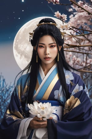 God Tsukuyomi, (a male god), (((a man:2.0))), ((god of the moon)), beautiful man, with a serene face, Japanese anime-type features, (straight black Japanese-type hair), (black hair), white skin, fine features, black eyes with round pupils, ((Front posture looking at the camera)), (((long hair, black hair, straight hair, japanese hair))). ((Traditional costume of the Japanese god Tsukuyomi)), colorful, white, blue, silver, violet, gold. In the background, a ((mythical Japanese setting)), (((cherry trees, bamboo, a mythical and traditional Japanese forest))), ((a Japanese temple of the god Tsukuyomi)), ((in the night sky a full moon:2.0)), white and bright, with white and blue neon lights. Bamboo in some areas of the image, (((a mythical Japanese setting:2.0))), full color. With a lot of detail. realistic, stunning realistic photograph, gentle sunlight, stunning realistic photograph, 3d render, octane render, intricately detailed, cinematic, trending on artstation, Isometric, Centered hyper ealistic cover photo, awesome full color, hand drawn, dark, gritty, mucha, klimt , erte 128k, high definition, cinematic, neoprene, be chance contest winner, portrait featured on unsplash, stylized digital art, smooth, ultra high definition ,The most modern camera today fujifilm gfx 100s, 84k, unreal engine 5, ultra sharp focus, intricate artwork masterpiece, ominous, epic, TanvirTamim, trending on artstation, by artgerm, giger and beksinski, highly detailed, vibrant.