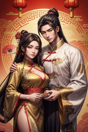 masterpiece, beautiful lighting, best quality, beautiful lighting, perfect focus, 1 couple, holding a traditional Chinese dragon, artic focus, perfect faces, portrait of a Chinese xianxia style meat pie couple, it's from China, they are handsome, they have a tender and pleasant smile. They are mature, they are about 30 years old, they are beautiful, they are elegant, they are a prince, they wear royal clothes in pastel and gold tones, they have Asian brown eyes, they wear a hanfu with dragon decorations, traditional clothes in red and gold tones, they wear jewelry China, the man is masculine, has long hair, the woman is feminine and has a traditional Chinese hairstyle. holds a Chinese fan, a Chinese lamp, has a fan, the man has Chinese dragon tattoos, is immortal, xianxia man hairstyle, wears xianxia makeup and has Wei Jin man style, beautiful Chinese background with flowers and plants, He is with a Chinese dragon, a cute dragon is on his shoulder, dragon background, HD, 8K, photorealism, hyper detailed, hyper realism.