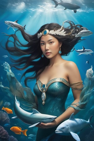Detailed and realistic depiction of the Goddess Sedna, an Inuit clothes, a central figure in Inuit mythology, reflecting her role as the goddess of the sea and marine life. The image is to show Sedna at the bottom of the ocean, surrounded by sea creatures such as whales, seals and fish, symbolizing her control over marine resources. Sedna must be represented as an Inuit woman, with authentic features and traditional clothing adorned with fur and Inuit details. Her hair should blend into the surrounding waters, and her hands should hold a sea comb, symbolizing her ability to control marine life. The seabed should be picturesque, with cold tones that reflect the arctic environment. Lighting should highlight the beauty and mystery of the deep ocean. The color palette should include shades of blue, green and white to convey the feeling of being underwater. The image must be high resolution and have a realistic style that honors the rich Inuit mythology and their relationship with the sea. 