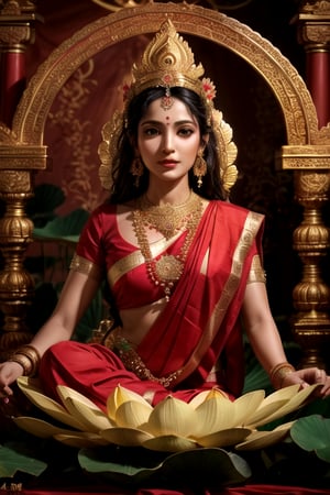 Waist high Portrait of a indian goddes Lakshmi, the embodiment of prosperity, serenely seated on a giant lotus, draped in a radiant red saree. The scene beautifully emphasizes her graceful facial expression, with her eyes wide open, detailed symmetric hazel eyes with circular iris, exuding compassion and divine wisdom. The image meticulously captures the delicate folds of her full saree and the serene ambiance around her. An array of golden coins adorns the scene, symbolizing her bestowal of wealth upon her devotees. surrounded by a shower of golden coins and banknotes. (((Four arms with a lotus in hand)))s. She is sitting on a giant lotus flower with cross-folded legs- realistic, stunning realistic photograph, 3d render, octane render, intricately detailed, cinematic, trending on artstation, Isometric, Centered hipereallistic cover photo, awesome full color, hand drawn, dark, gritty, mucha, klimt, erte 12k, high definition, cinematic, neoprene, behance contest winner, portrait featured