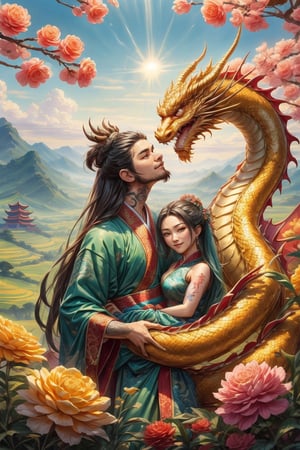 masterpiece, beautiful lighting, best quality, beautiful lighting, perfect focus, 2 dragon, 1 couple, holding a traditional Chinese dragon, artic focus, perfect faces, portrait of a Chinese xianxia style meat pie couple, it's from China, they are handsome, they have a tender and pleasant smile. They are mature, they are about 30 years old, they are beautiful, they are elegant, they are a prince, they wear royal clothes in pastel and gold tones, they have Asian brown eyes, they wear a hanfu with dragon decorations, traditional clothes in red and gold tones, they wear jewelry China, the man is masculine, has long hair, the woman is feminine and has a traditional Chinese hairstyle. holds a Chinese fan, a Chinese lamp, has a fan, the man has Chinese dragon tattoos, is immortal, xianxia man hairstyle, wears xianxia makeup and has Wei Jin man style, beautiful Chinese background with flowers and plants, with a dragon dominating the scene from the background, behind the couple, he is with a Chinese dragon, a cute dragon is on his shoulder, dragon background, HD, 8K, photorealism, hyper detailed, hyper realism.