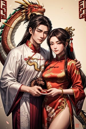 masterpiece, beautiful lighting, best quality, beautiful lighting, perfect focus, (((1 couple, holding a traditional Chinese dragon))), artic focus, perfect faces, portrait of a Chinese xianxia style meat pie couple, it's from China, they are handsome, they have a tender and pleasant smile. They are mature, they are about 30 years old, they are beautiful, they are elegant, they are a prince, they wear royal clothes in pastel and gold tones, they have Asian brown eyes, they wear a hanfu with dragon decorations, traditional clothes in red and gold tones, they wear jewelry China, the man is masculine, has long hair, the woman is feminine and has a traditional Chinese hairstyle. holds a Chinese fan, a Chinese lamp, has a fan, the man has Chinese dragon tattoos, is immortal, xianxia man hairstyle, wears xianxia makeup and has Wei Jin man style, beautiful Chinese background with flowers and plants, He is with a Chinese dragon, a cute dragon is on his shoulder, dragon background, HD, 8K, photorealism, hyper detailed, hyper realism.