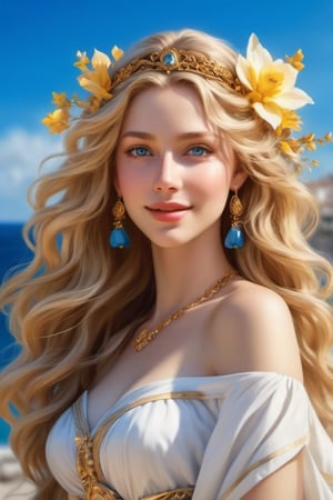 (((hyper realistic face)))(((extreme realistic skin detail))) The Goddess Venus, in full body, (((full body))) a beautiful woman with golden-blond hair, (((Wavy hair abounds))), with a diadem of gold laurels, abundant wavy locks, vivid blue eyes, a rosy complexion, and a jovial and sensual expression, (((smiling))). Her face should radiate beauty and sensuality, with a gentle smile. (((full body))) (((The portrait will be full-body))), featuring her in an ancient Greek-style white dress adorned with golden jewelry inspired by ancient Greece, and a characteristic golden belt befitting the Goddess Venus. The background depicts a coast of ancient Greece, showing the sea and part of the islands, with intricate details that evoke the feeling of ancient Greece, illuminated by soft natural sunlight. sharp focus, 8k, UHD, high quality, frowning, intricate detailed, highly detailed, hyper-realistic,Leonardo Style