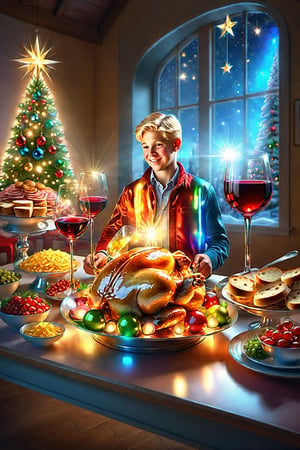 On Christmas Day, a handsome blond boy with his family and a count handing out Christmas venezuelan food, ham bread, hallacas, wine and roast pork to his entire family in a party room. (Realistic reflection), Hologram, (Masterpiece, highest quality), (Detailed eyes), (Shading), (Highly detailed CG 8k Unity wallpaper), (Studio indirect use lighting), (Amazing drawing) (Illustration), (Artwork), (Magical Light), (Shading), (Highly Detailed), (CG 8k Unity Wallpaper), (Nice Newly Drawn Illustration), (Best Illustration Performance), Iridescent Glitter, realistic and super detailed, shiny mosaic elements, super realistic and ultra detailed, pieces of beauty and complexity, glass, focus on food, bright but realistic colors, reflecting joy and the spirit of Christmas. r3al photo, photorealism.