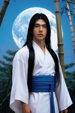 God Tsukuyomi, (japanese god, man, male, handsome man, a male god), a 39 year old man:2.0, traditional japanese man with long hair, (((a man:2.0))), ((god of the moon)), beautiful man, with a serene face, Japanese anime-type features, (straight black Japanese-type hair), (black hair), white skin, fine features, black eyes with round pupils, ((Front posture looking at the camera)), (((long hair, black hair, straight hair, japanese hair))). Traditional costume of the Japanese god Tsukuyomi, colorful, white, blue, silver, violet, gold. In the background, a ((mythical Japanese setting)), (((cherry trees, bamboo, a mythical and traditional Japanese forest))), ((a Japanese temple of the god Tsukuyomi)), ((in the night sky a full moon:2.0)), white and bright, with white and blue neon lights. Bamboo in some areas of the image, (((a mythical Japanese setting:2.0))), full color. With a lot of detail. realistic, stunning realistic photograph, gentle sunlight, stunning realistic photograph, 3d render, octane render, intricately detailed, cinematic, trending on artstation, Isometric, Centered hyper ealistic cover photo, awesome full color, hand drawn, dark, gritty, mucha, klimt , erte 128k, high definition, cinematic, neoprene, be chance contest winner, portrait featured on unsplash, stylized digital art, smooth, ultra high definition ,The most modern camera today fujifilm gfx 100s, 84k, unreal engine 5, ultra sharp focus, intricate artwork masterpiece, ominous, epic, TanvirTamim, trending on artstation, by artgerm, giger and beksinski, highly detailed, vibrant.