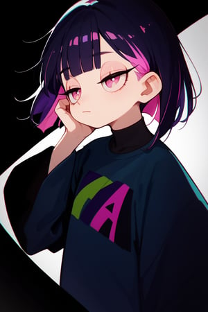 score_9_up,score_8_up, source_anime, (solo),1girl,simple_background,(cyan_background),

 ,short hair, blunt bangs, black hair, closed mouth, pink eyes, purple hair, multicolored hair, two-tone hair,half closed eyes,cowboy_shot,

,Nira-Chan-StudyMe,