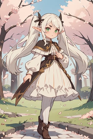 Frieren, pointy ears, twintails, green eyes, elf, long hair, white hair, thick eyebrows, parted bangs, striped shirt, white capelet, striped, long sleeves, black pantyhose, brown footwear, dress, jewelry, earrings, shirt, beautiful cherry blossoms background,
