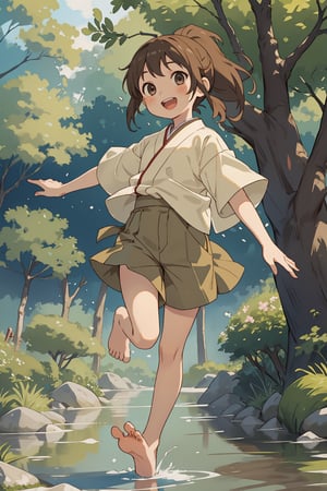 1girl, chihiro, chihiro ogino, solo, cute, barefoot, ponytail, shorts, water, smile, open mouth, brown hair, shirt, multicolor shirt, looking at viewer, tree, outdoors, Japanese countryside,
