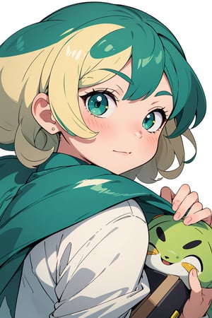 a close up of a person with green hair, by Puru, trending on pixiv, shin hanga, lewd, short curly blonde haired girl, urusei yatsura, peering over from his heavy