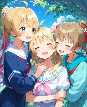 score_9, score_8_up, score_7_up, 
BREAK, 
cute1.8, score_9, score_8_up, score_7_up, rating_questionable , 

3girls ahoge anyoji_hime arms_around_neck blonde_hair blunt_bangs blush brown_hair closed_eyes commentary dress fang flower fujishima_megumi girl_sandwich gradient_hair hair_flower hair_ornament happy hasu_no_sora_school_uniform highres hood hooded_jacket jacket lightning_bolt_symbol link!_like!_love_live! long_hair love_live! mendo_(mend0o0_) mira-cra_park! multicolored_hair multiple_girls neckerchief open_mouth osawa_rurino parted_bangs pink_flower pink_hair ponytail puffy_short_sleeves puffy_sleeves red_neckerchief sailor_collar sailor_dress sandwiched school_uniform short_sleeves sidelocks sleeves_past_elbows smile summer_uniform two_side_up upper_body virtual_youtuber white_background white_dress white_jacket white_sailor_collar
