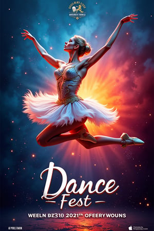 A vibrant dance fest poster featuring a ballet dancer in mid-air, performing a high-flying grand jeté. The dancer is dressed in a sparkling tutu, with intricate gold and silver details. The background is a dynamic gradient of bold colors, transitioning from deep blues to fiery reds, symbolizing energy and excitement. The text Dance Fest is prominently displayed in bold, modern font, with additional details in a complementary script style. The overall composition is balanced, with the dancer's graceful pose drawing the eye to the center of the poster.