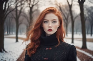 character in (perfect proportions) and (intricate details: 1.2), close-up portrait of a slightly smiling (red hair: 1.2) Polish beauty with (red lips: 0.8) and black eyeliner and winter dress in the park will look stunning, natural details skin, film grain, blurry background, cinematic lighting, natural colors, photo, 8k, dark, dynamic action, pale faded style, cracked lens, dreamy nostalgic, soft focus, dark vignettes, light leaks, medium photography, art painting somber photo of ethereal grain, whimsical and coarse