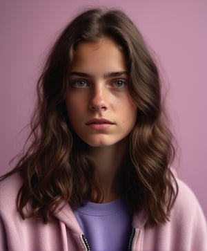 portrait of a teenage girl, 18 years old, shy, introverted, long dark brown hair, hazel brown eyes, light pink violet background, loose clothing, high resolution, photorealistic, photo, realism, clear photography, a photograph of, maximum details, sharp focus, intricate details, ultra-realistic, cinematic lighting, volumetric lighting, photography, beautiful details, cinematic lighting, render, 8k, Portra 800 medium format film, 105mm SMC Takumar, 3200 dpi scan, fog, octane rendering, unreal engine, 8k, photorealistic, digital, detailed, extra fine details, award-winning photo quality, photorealism, 8k, uhd, unreal engine, octane, highly realistic resolution uhd 8k octane,