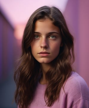 portrait of a teenage girl, 18 years old, shy, introverted, long dark brown hair, hazel brown eyes, light pink violet background, loose clothing, high resolution, photorealistic, photo, realism, clear photography, a photograph of, maximum details, sharp focus, intricate details, ultra-realistic, cinematic lighting, volumetric lighting, photography, beautiful details, cinematic lighting, render, 8k, Portra 800 medium format film, 105mm SMC Takumar, 3200 dpi scan, fog, octane rendering, unreal engine, 8k, photorealistic, digital, detailed, extra fine details, award-winning photo quality, photorealism, 8k, uhd, unreal engine, octane, highly realistic resolution uhd 8k octane,