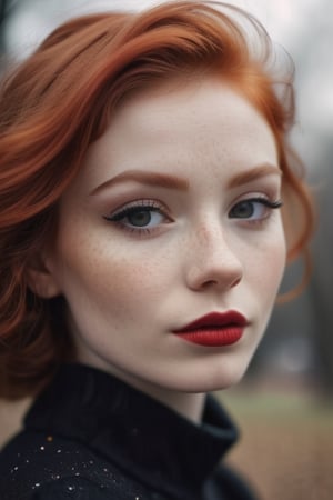 character in (perfect proportions) and (intricate details: 1.2), close-up portrait of a slightly smiling (red hair: 1.2) Polish beauty with (red lips: 0.8) and black eyeliner and winter dress in the park will look stunning, natural details skin, film grain, blurry background, cinematic lighting, natural colors, photo, 8k, dark, dynamic action, pale faded style, cracked lens, dreamy nostalgic, soft focus, dark vignettes, light leaks, medium photography, art painting somber photo of ethereal grain, whimsical and coarse