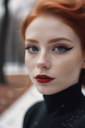 character in (perfect proportions) and (intricate details: 1.2), close-up portrait of a slightly smiling (red hair: 1.2) Polish beauty with (red lips: 0.8) and black eyeliner and winter dress in the park will look stunning, natural details skin, film grain, blurry background, cinematic lighting, natural colors, photo, 8k, dark, dynamic action, pale faded style, cracked lens, dreamy nostalgic, soft focus, dark vignettes, light leaks, medium photography, art painting somber photo of ethereal grain, whimsical and coarse