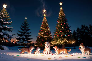 A bunch of cute puppies, Husky and Golden Retriever, A christmas tree with decorations and lights and a big star shaped light on top in a park, gifts and lights on around it, BACKGROUND, 