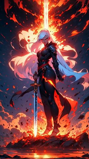 1woman, black knight warrior, fantasy sword, holding sword, sword glowing, hair glowing, white hair, long hair, past_the_waist with bangs, big breasts, perfect body, perfect legs, perfect feet, perfect arms, barefoot, light_red_eyes, full lips, full_body,perfecteyes,weapon,EpicSky