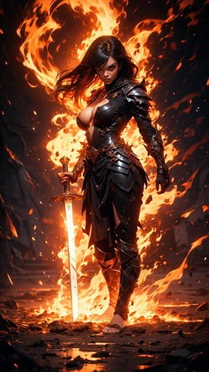 1woman, black knight warrior, fantasy sword, holding sword, sword glowing, hair glowing, white hair, long hair, past_the_waist with bangs, big breasts, perfect body, perfect legs, perfect feet, perfect arms, barefoot, light_red_eyes, full lips, full_body,perfecteyes,weapon,EpicSky,3DMM