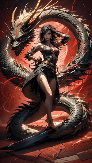 One woman, black knight warrior, fantasy sword, holding sword, sword glowing, black hair, long hair, past_the_waist with bangs, perfect body, perfect legs, perfect feet, perfect arms, perfect hands, barefoot, light_red_eyes, full lips, ((full_body)), (((dragon background))),midjourney,perfecteyes,long