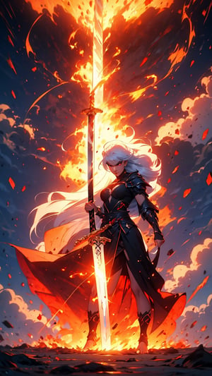 1woman, black knight warrior, fantasy sword, holding sword, sword glowing, hair glowing, white hair, long hair, past_the_waist with bangs, big breasts, perfect body, perfect legs, perfect feet, perfect arms, barefoot, light_red_eyes, full lips, full_body,perfecteyes,weapon,EpicSky,cloud