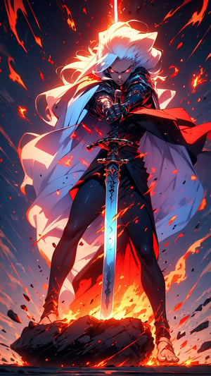1woman, black knight warrior, fantasy sword, holding sword, sword glowing, hair glowing, white hair, long hair, past_the_waist with bangs, big breasts, perfect body, perfect legs, perfect feet, perfect arms, barefoot, light_red_eyes, full lips, full_body,perfecteyes,weapon,EpicSky